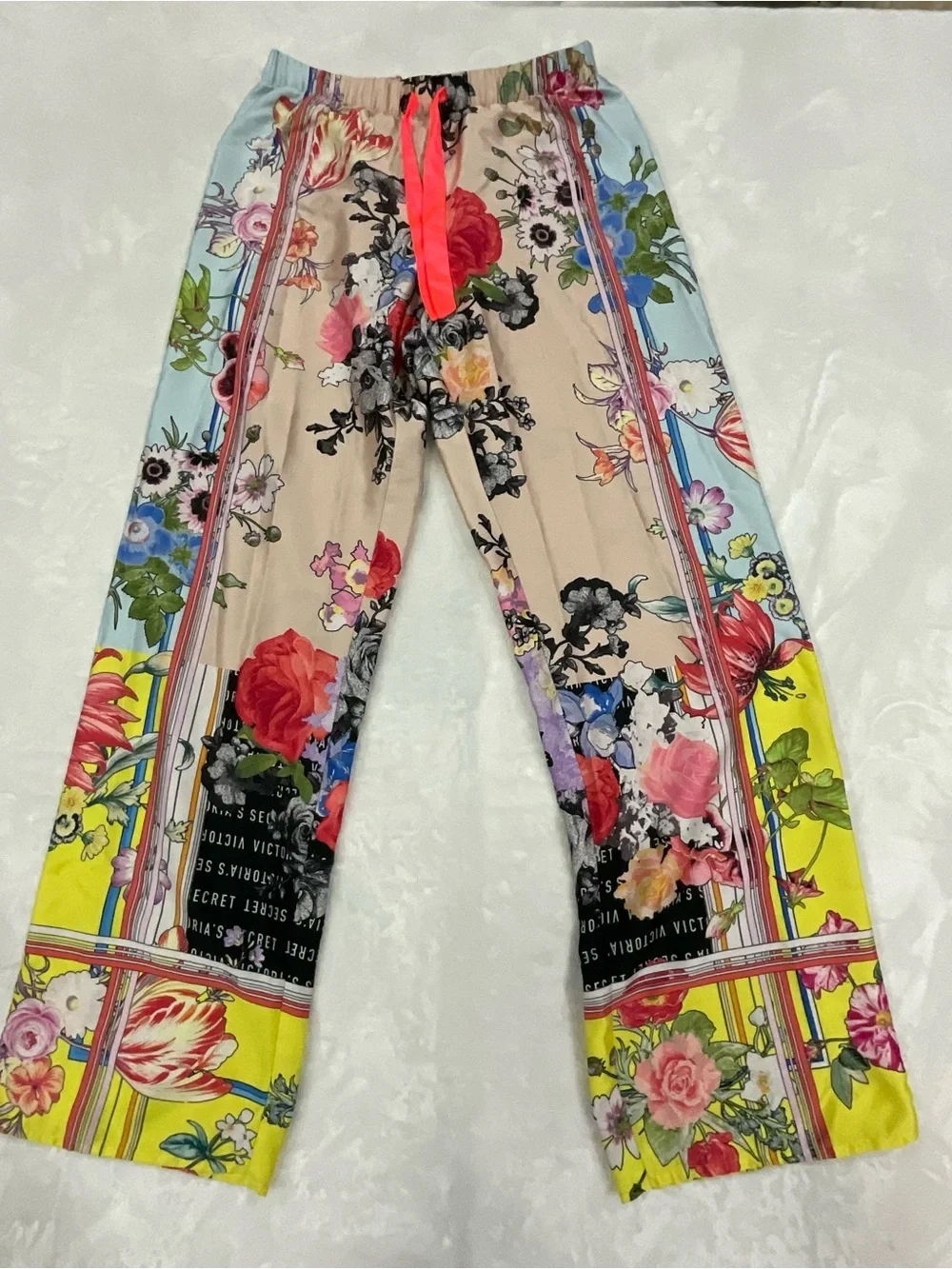 Rare Victoria's Secret Beige Floral Satin Top with Pink and Yellow Accents